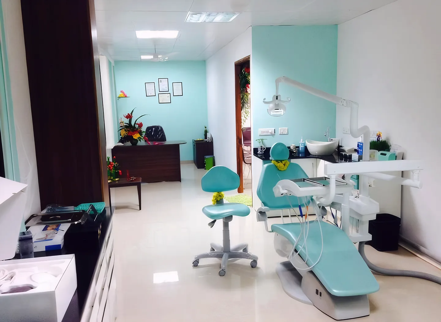 Inside True Smile clinic with treatment chair and reception area